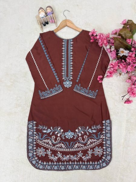 Classy Brown French Crepe Kurti Palazzo Set with Thread Embroidery Work for Daily Wear CO ORD Sets