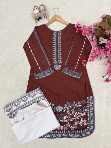Classy Brown French Crepe Kurti Palazzo Set with Thread Embroidery Work for Daily Wear CO ORD Sets