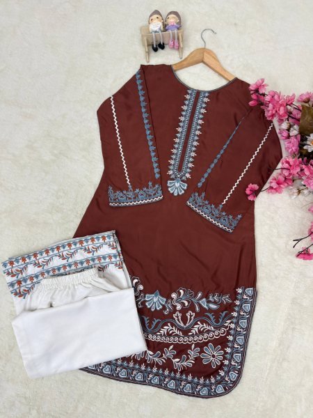 Classy Brown French Crepe Kurti Palazzo Set with Thread Embroidery Work for Daily Wear CO ORD Sets