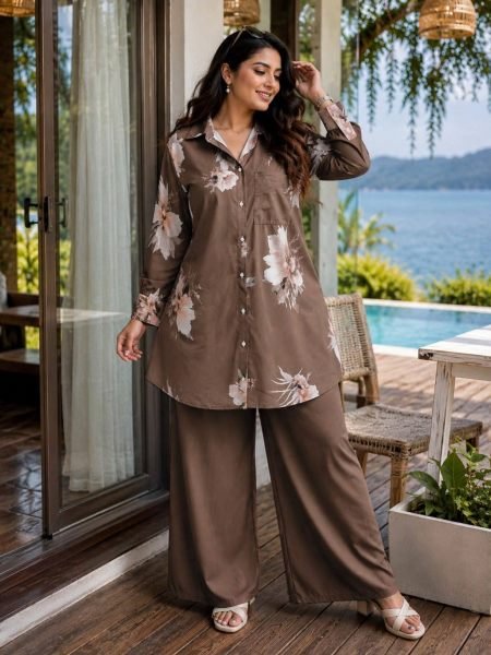 Classy Brown Women's Butter Silk Shirt and Palazzo Matching Set at wholesale Rate Kurtis