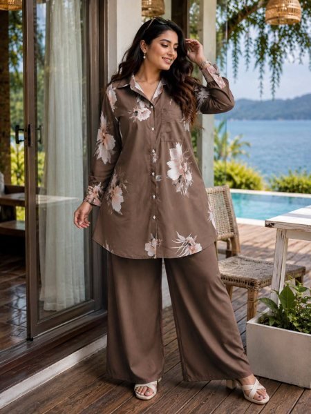 Classy Brown Women's Butter Silk Shirt and Palazzo Matching Set at wholesale Rate CO ORD Sets