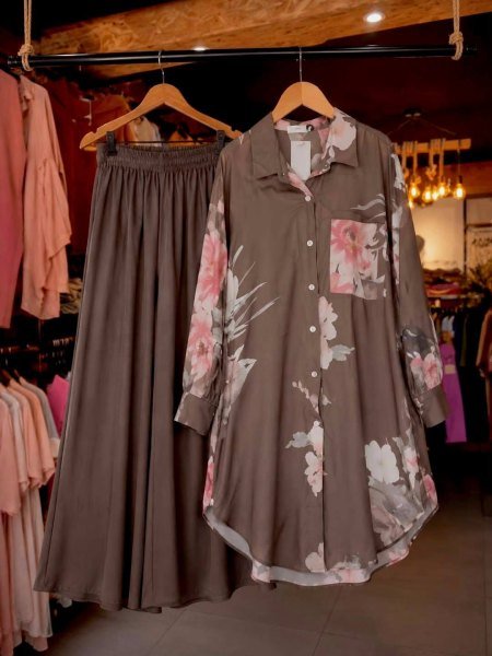 Classy Brown Women's Butter Silk Shirt and Palazzo Matching Set at wholesale Rate CO ORD Sets