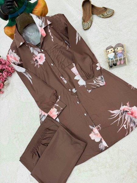 Classy Brown Women's Butter Silk Shirt and Palazzo Matching Set at wholesale Rate CO ORD Sets