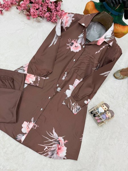 Classy Brown Women's Butter Silk Shirt and Palazzo Matching Set at wholesale Rate CO ORD Sets