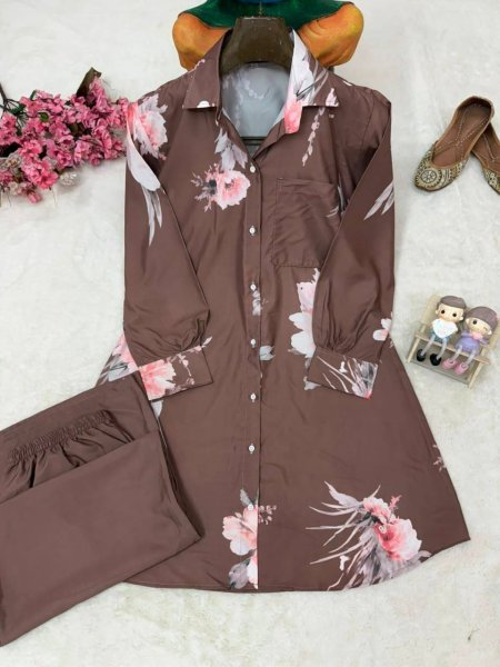 Classy Brown Women's Butter Silk Shirt and Palazzo Matching Set at wholesale Rate CO ORD Sets