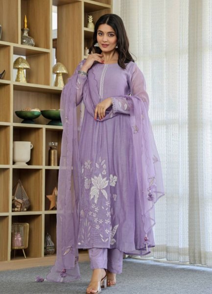 Classy Chanderi Silk Embroidered Suit Set with Organza Dupatta for office wear Kurtis