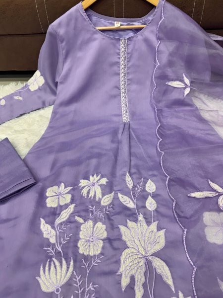 Classy Chanderi Silk Embroidered Suit Set with Organza Dupatta for office wear Embroidery Kurtis 