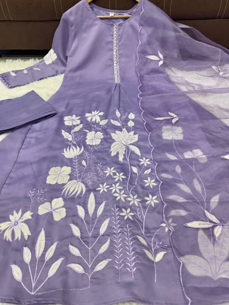 Classy Chanderi Silk Embroidered Suit Set with Organza Dupatta for office wear Embroidery Kurtis 