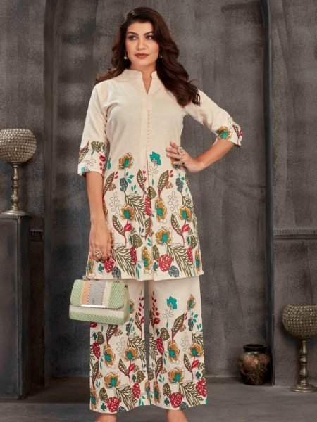 Classy Cream Pure Viscose Khadi Cotton Kurti Pant Set at Bulk Rate Kurtis