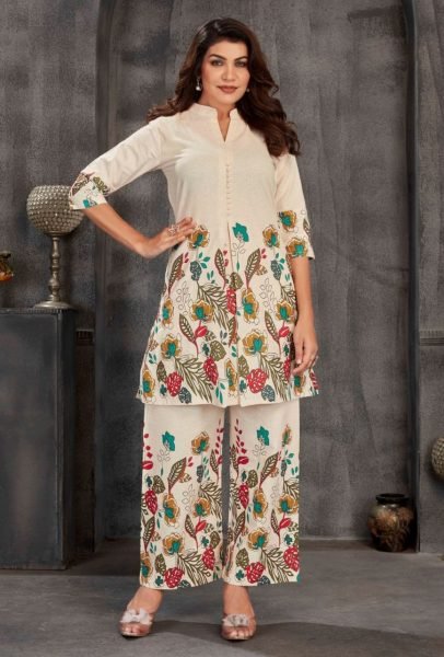 Classy Cream Pure Viscose Khadi Cotton Kurti Pant Set at Bulk Rate CO ORD Sets
