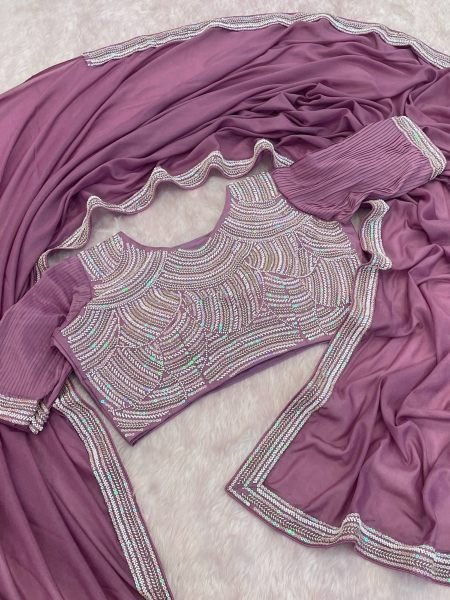 Classy Dusty Mauve Chocolate Silk Designer Saree with Beads Embroidery Work 