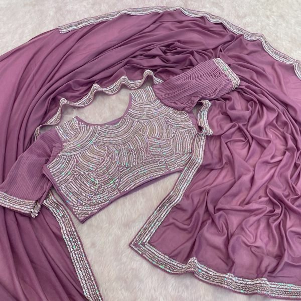Classy Dusty Mauve Chocolate Silk Designer Saree with Beads Embroidery Work Embroidery Sarees Wholesale