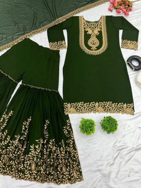 Classy Green Designer Palazzo Suit with Sequins, Threadwork, and Embroidered Dupatta  for Festive and Wedding Wear Ready To Wear Collection