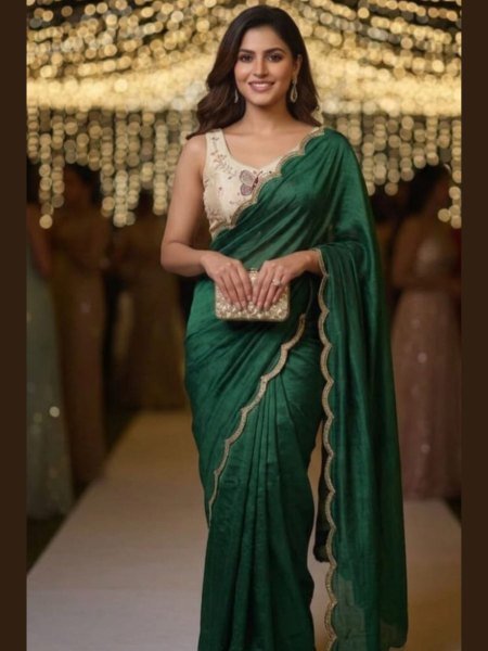Classy Green Soft Chinnon Saree with Handwork Border and Cutdana Work 
