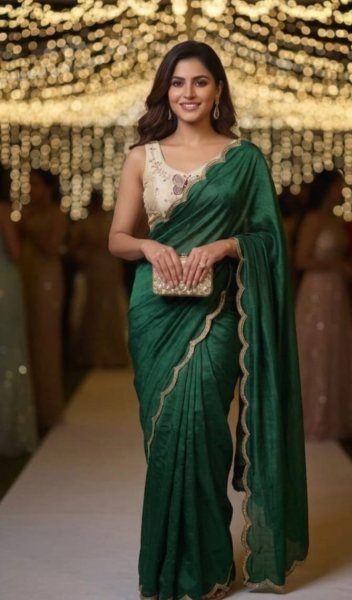 Classy Green Soft Chinnon Saree with Handwork Border and Cutdana Work Silk Sarees Wholesale