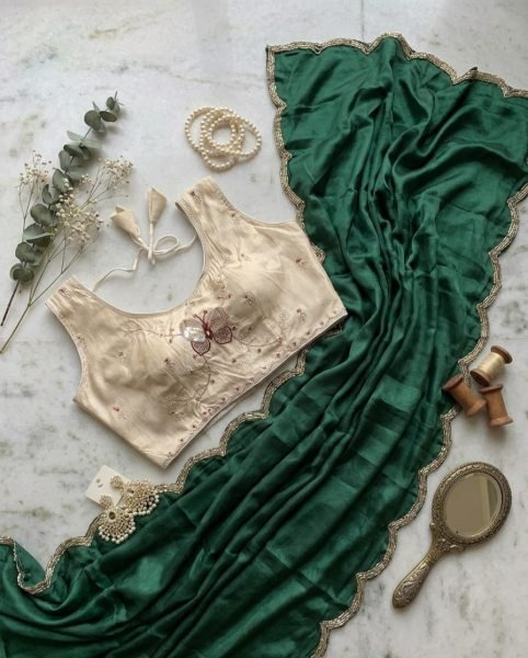 Classy Green Soft Chinnon Saree with Handwork Border and Cutdana Work Silk Sarees Wholesale