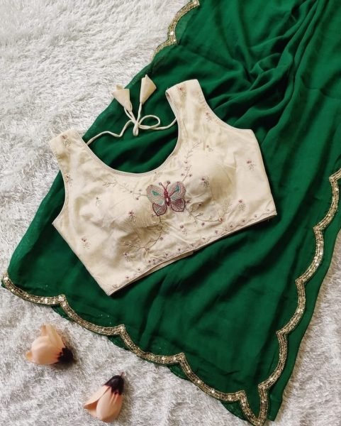 Classy Green Soft Chinnon Saree with Handwork Border and Cutdana Work Silk Sarees Wholesale