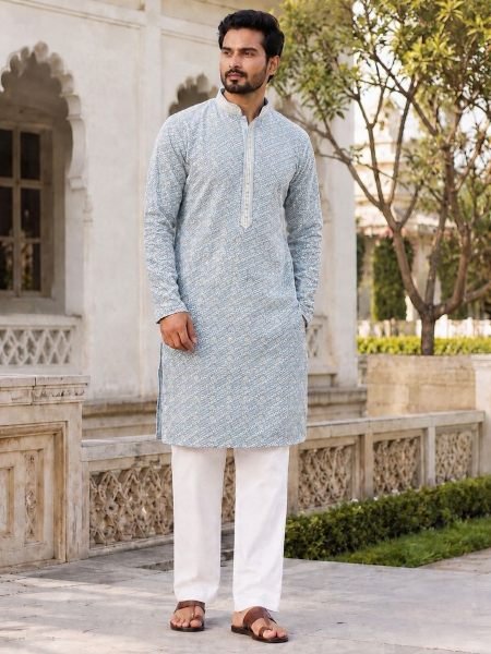 Classy Grey Designer Rayon Men's Kurta Pyjama Set with Schiffli Embroidery 