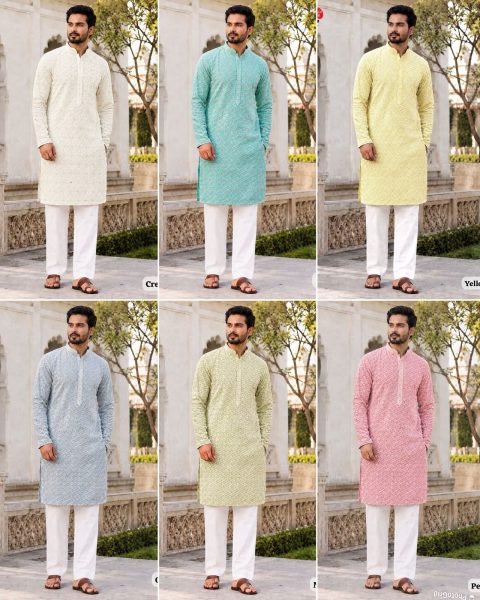 Classy Grey Designer Rayon Men's Kurta Pyjama Set with Schiffli Embroidery Kurta Pajama Wholesale