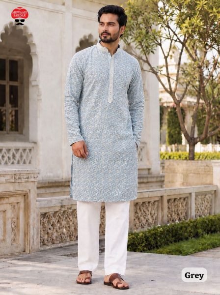 Classy Grey Designer Rayon Men's Kurta Pyjama Set with Schiffli Embroidery Kurta Pajama Wholesale