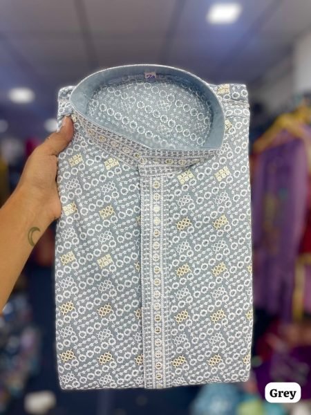 Classy Grey Designer Rayon Men's Kurta Pyjama Set with Schiffli Embroidery Kurta Pajama Wholesale