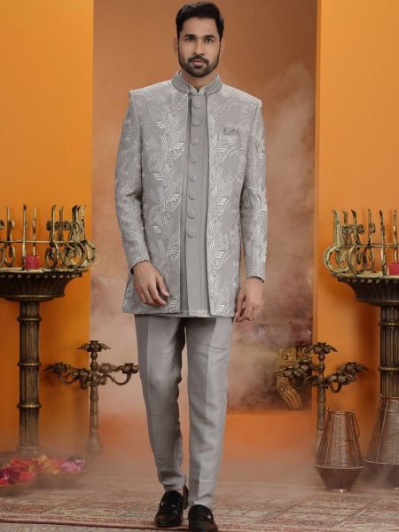 Classy Grey Premium Computer Thread Work Suit Set in Dupion Art Silk Fabric 