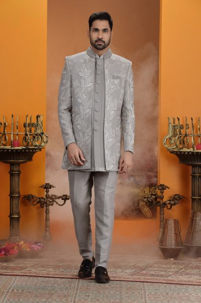 Classy Grey Premium Computer Thread Work Suit Set in Dupion Art Silk Fabric Kurta Pajama Wholesale
