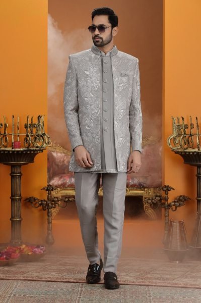 Classy Grey Premium Computer Thread Work Suit Set in Dupion Art Silk Fabric Kurta Pajama Wholesale