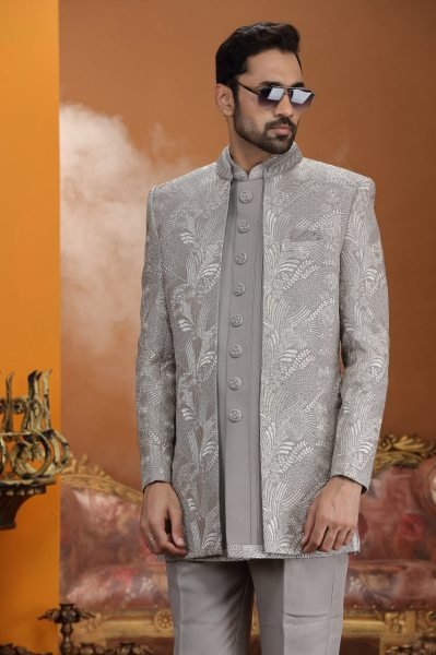 Classy Grey Premium Computer Thread Work Suit Set in Dupion Art Silk Fabric Kurta Pajama Wholesale