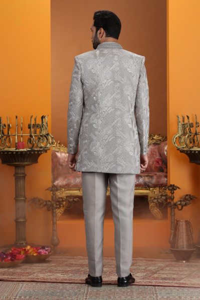 Classy Grey Premium Computer Thread Work Suit Set in Dupion Art Silk Fabric Kurta Pajama Wholesale