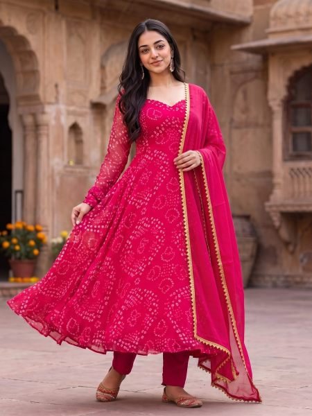 Classy Hot Pink Designer Bandhani Anarkali Gown with Gota Patti Border for Festival Kurtis