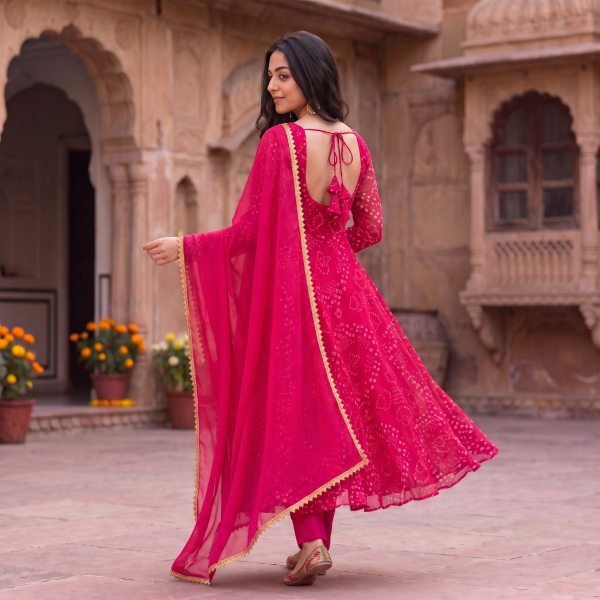 Classy Hot Pink Designer Bandhani Anarkali Gown with Gota Patti Border for Festival Anarkali Kurtis 