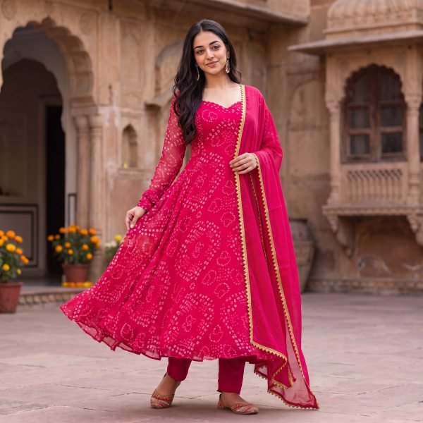 Classy Hot Pink Designer Bandhani Anarkali Gown with Gota Patti Border for Festival Anarkali Kurtis 