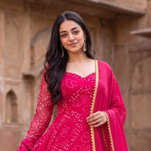 Classy Hot Pink Designer Bandhani Anarkali Gown with Gota Patti Border for Festival Anarkali Kurtis 