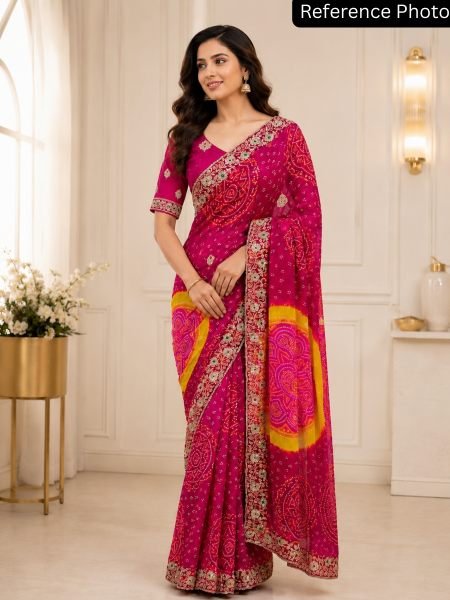 Classy Hot Pink Festive Wear Georgette Bandhani Saree with Heavy Work Blouse 