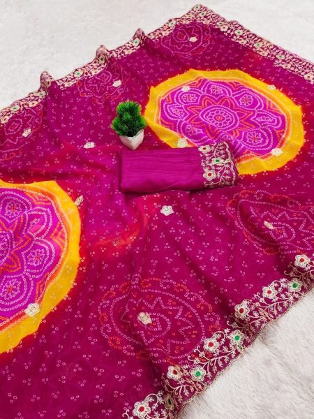 Classy Hot Pink Festive Wear Georgette Bandhani Saree with Heavy Work Blouse Bandhej Sarees Wholesale