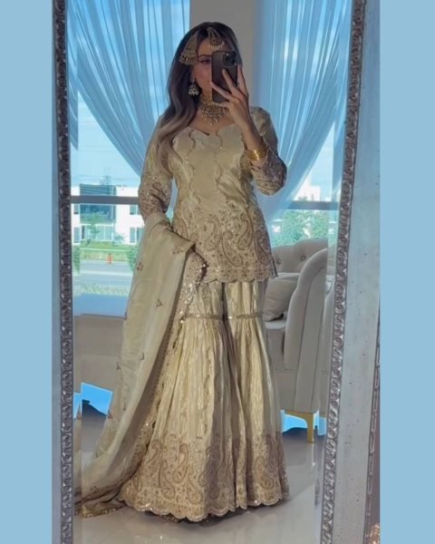 Classy Ivory Ready To Wear Heavy Chinon Silk Embroidered 5mm Sequence Work Sharara Set with Dupatta 