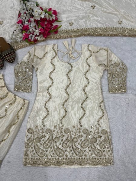 Classy Ivory Ready To Wear Heavy Chinon Silk Embroidered 5mm Sequence Work Sharara Set with Dupatta Ready To Wear Collection