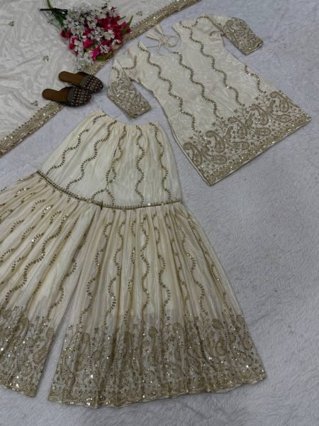 Classy Ivory Ready To Wear Heavy Chinon Silk Embroidered 5mm Sequence Work Sharara Set with Dupatta Ready To Wear Collection