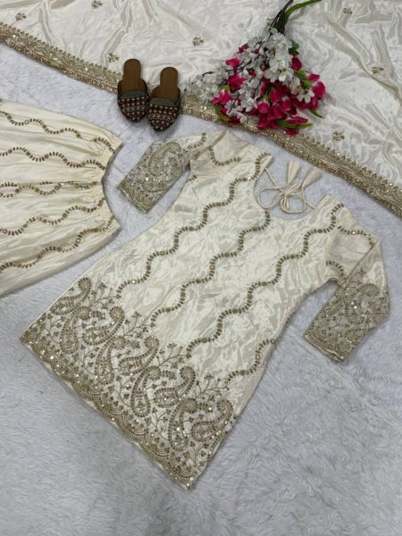 Classy Ivory Ready To Wear Heavy Chinon Silk Embroidered 5mm Sequence Work Sharara Set with Dupatta Ready To Wear Collection