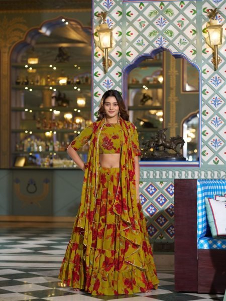 Classy Manhendi Green Marble Fabric Lehenga for Navratri and Festivals 
