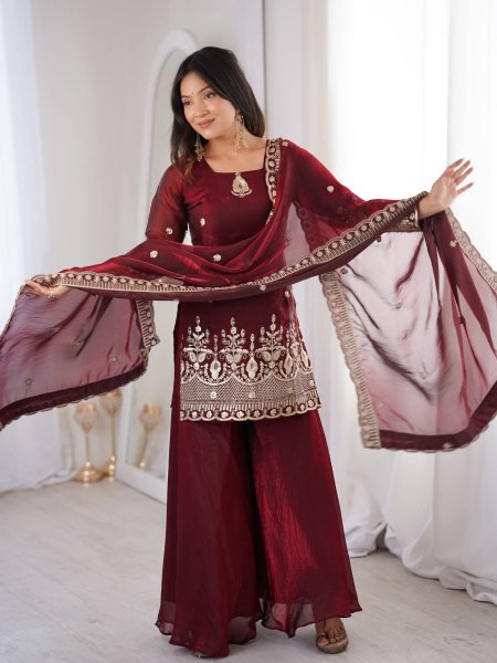 Classy Maroon Embroidered Sharara Suit Set for Wedding and Festive Wear Ready To Wear Suit
