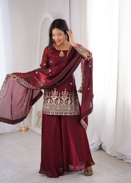 Classy Maroon Embroidered Sharara Suit Set for Wedding and Festive Wear Ready To Wear Collection