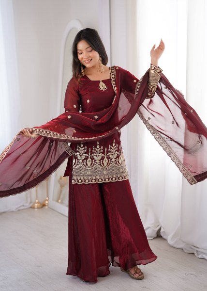 Classy Maroon Embroidered Sharara Suit Set for Wedding and Festive Wear Ready To Wear Collection