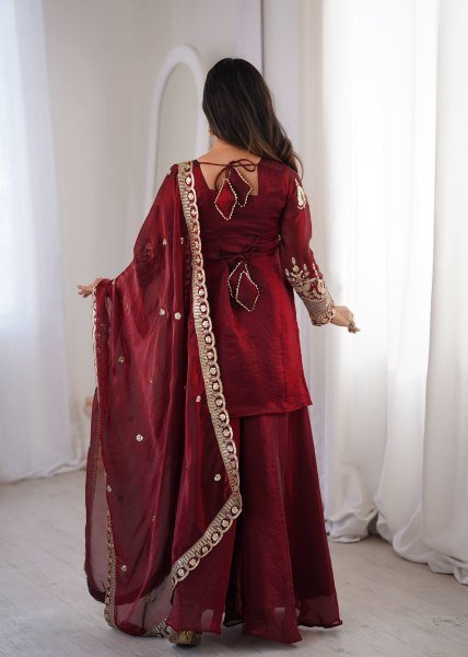 Classy Maroon Embroidered Sharara Suit Set for Wedding and Festive Wear Ready To Wear Collection