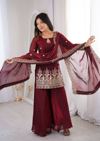 Classy Maroon Embroidered Sharara Suit Set for Wedding and Festive Wear Ready To Wear Collection