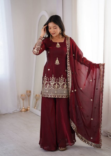 Classy Maroon Embroidered Sharara Suit Set for Wedding and Festive Wear Ready To Wear Collection