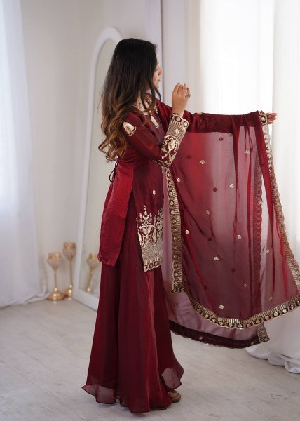 Classy Maroon Embroidered Sharara Suit Set for Wedding and Festive Wear Ready To Wear Collection