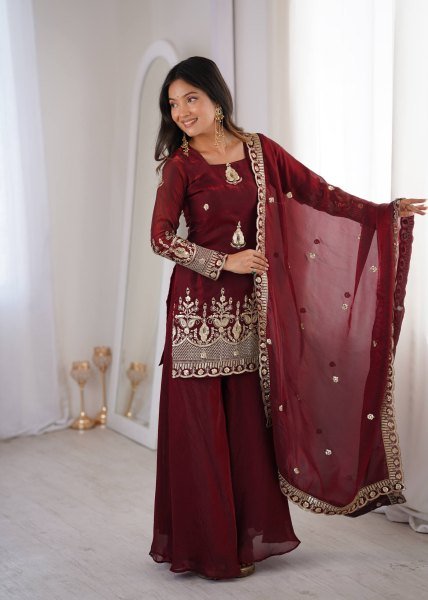 Classy Maroon Embroidered Sharara Suit Set for Wedding and Festive Wear Ready To Wear Collection