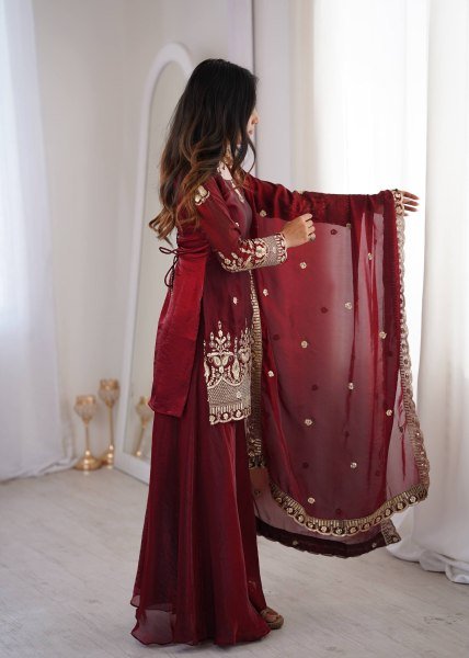 Classy Maroon Embroidered Sharara Suit Set for Wedding and Festive Wear Ready To Wear Collection